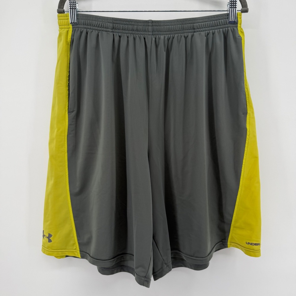 Under Armour Athletic Shorts Mens XL Grey Lime Green Side Panel Active Gym 9.5in